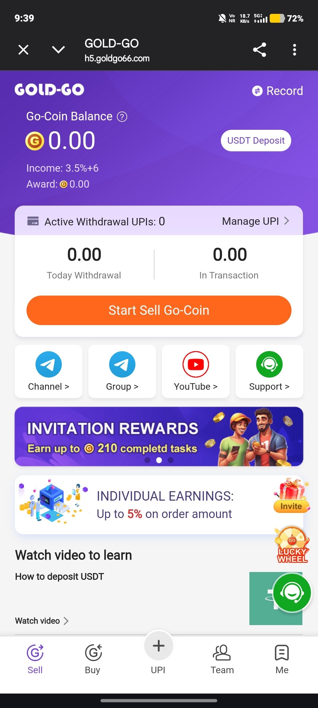 GoldGo app dashboard showing buy and sell options with current token prices