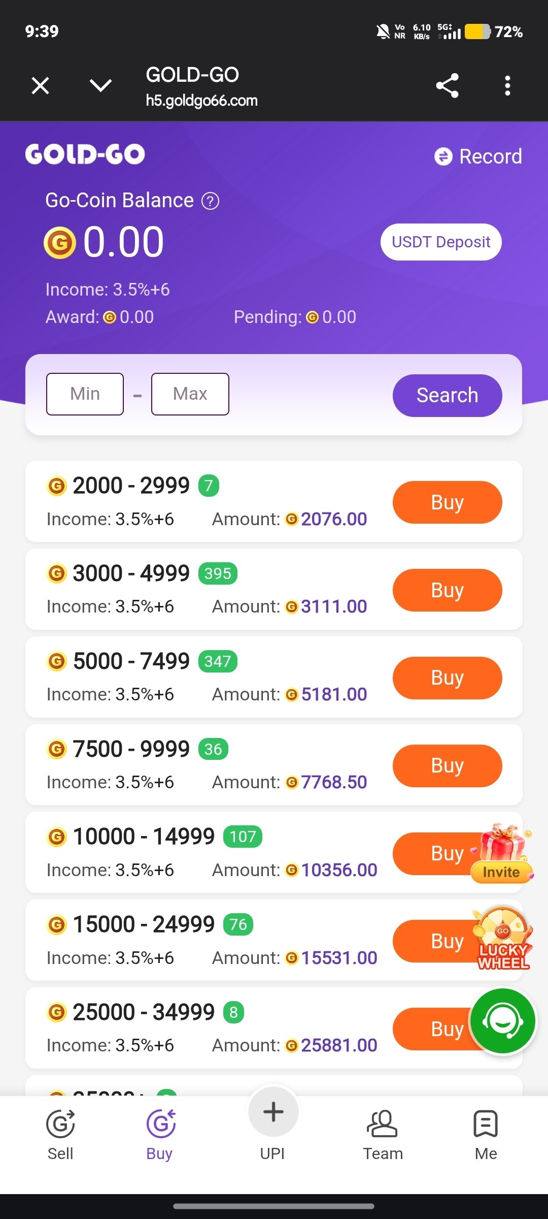 GoldGo earnings screen showing trading activity and commission history