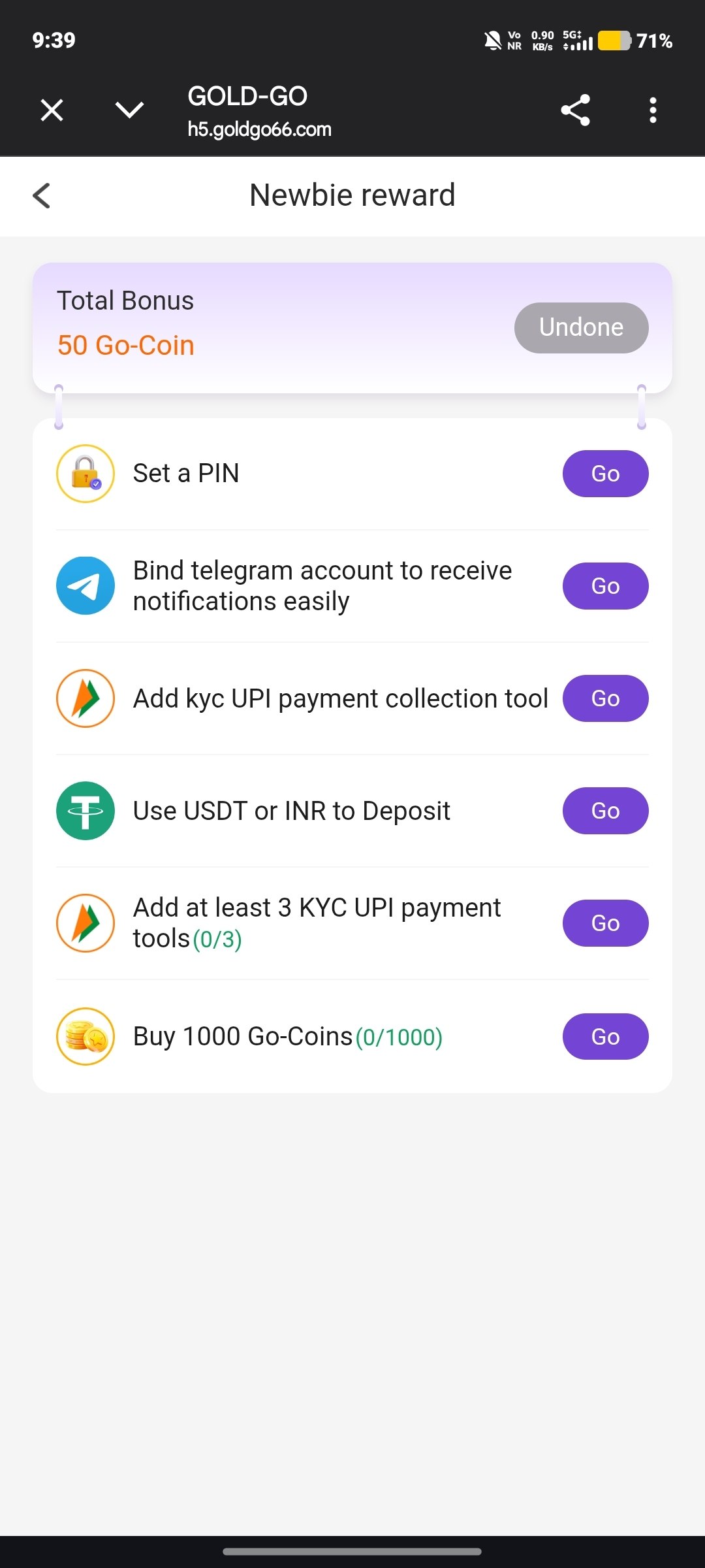 GoldGo referral screen showing referral code and commission earned from referrals