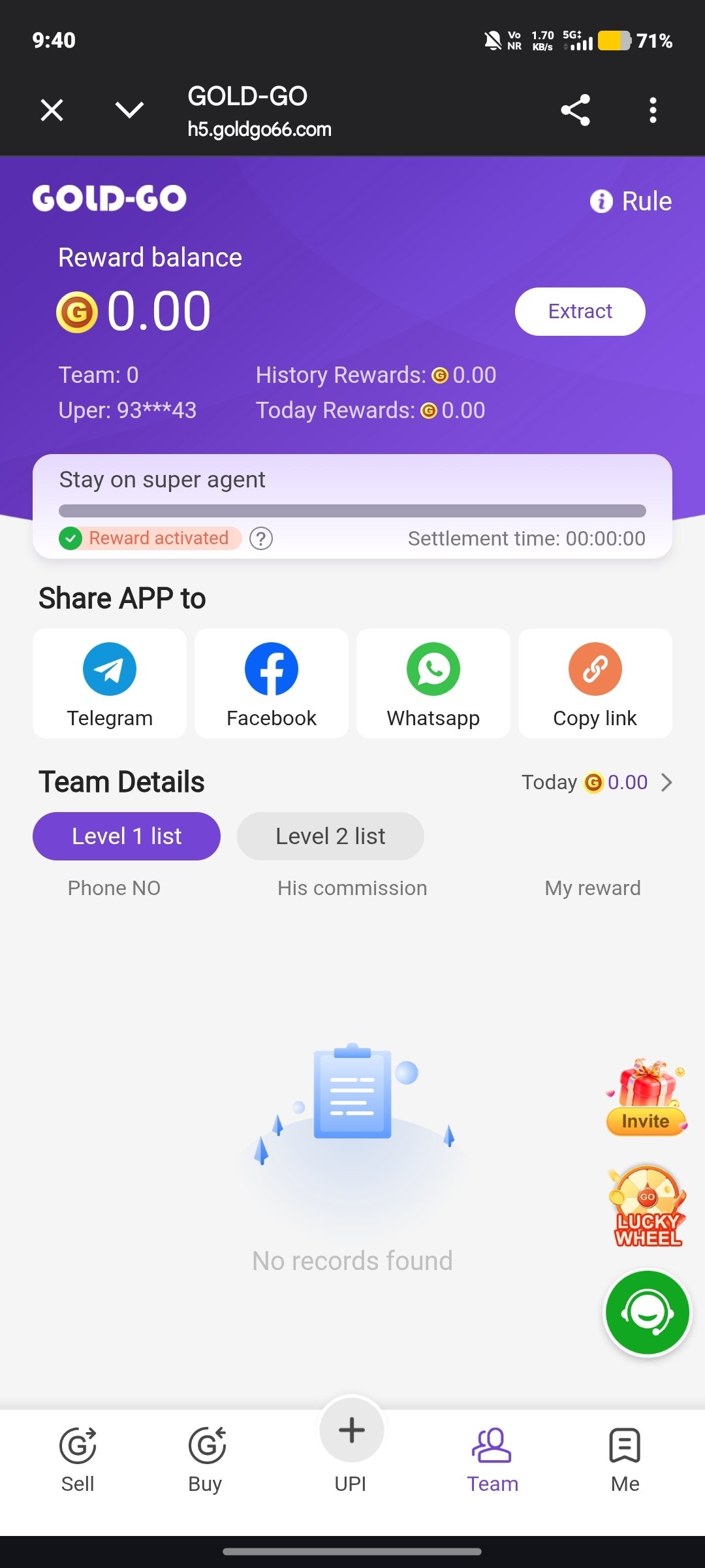 GoldGo withdrawal screen with UPI payment options and transaction history